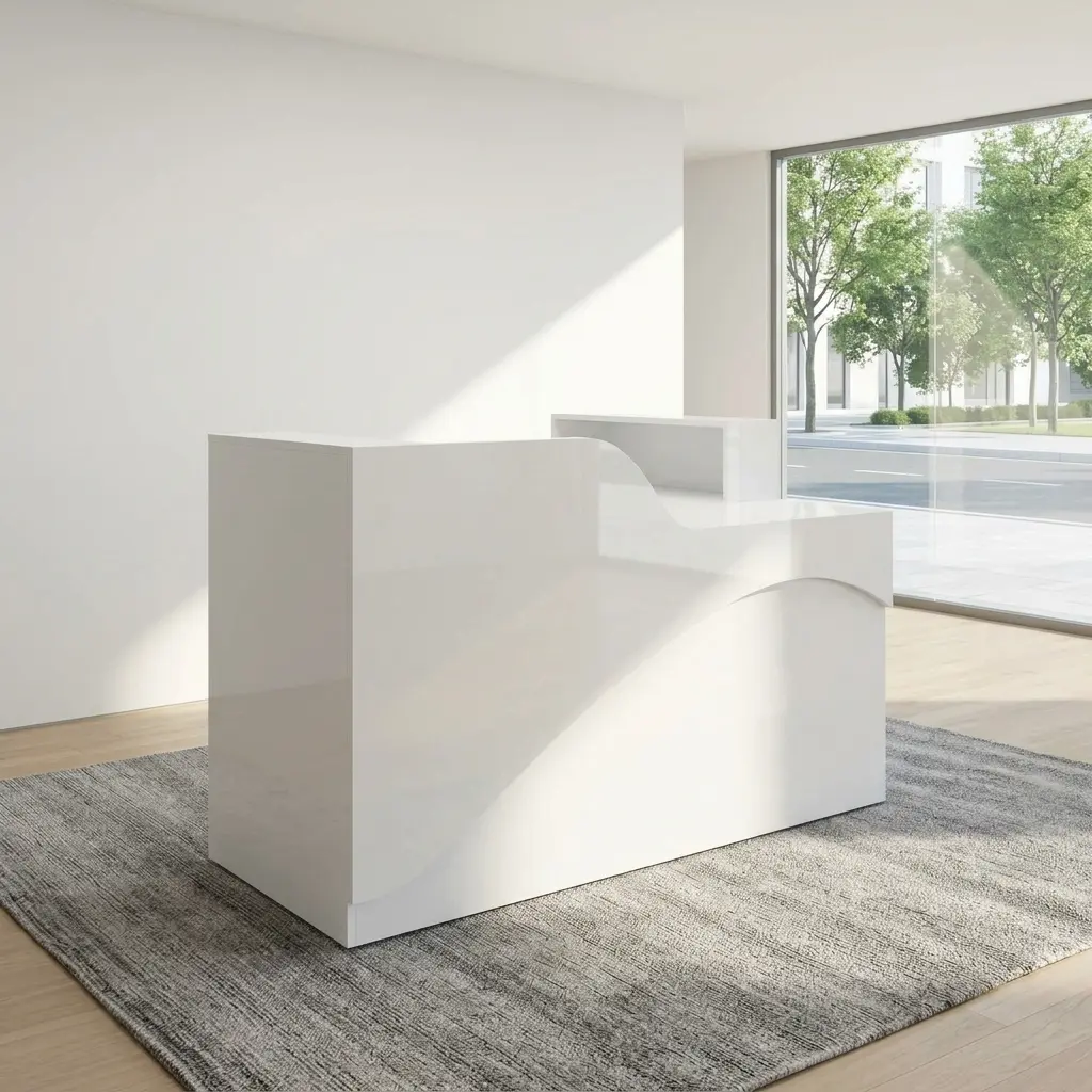 Modern 1.8m white reception desk with curved privacy counter panel and minimalist wave geometric accent, styled on a grey rug for salon, spa, or clinic front desk reception areas.