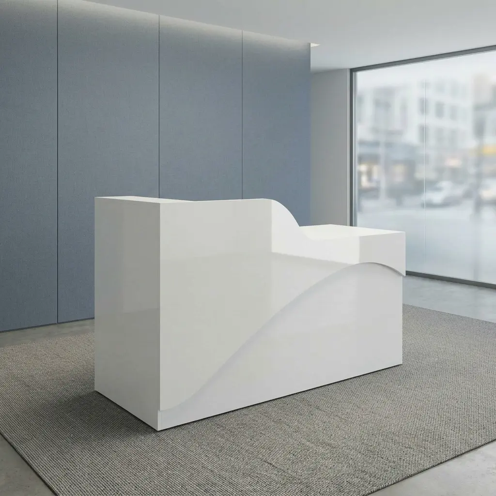 Modern 1.8m white reception desk with curved privacy counter panel and minimalist wave geometric accent, styled on a grey rug for salon, spa, or clinic front desk reception areas.