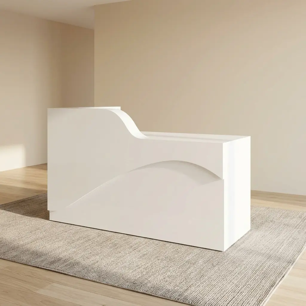Modern 1.8m white reception desk with curved privacy counter panel and minimalist wave geometric accent, styled on a grey rug for salon, spa, or clinic front desk reception areas.