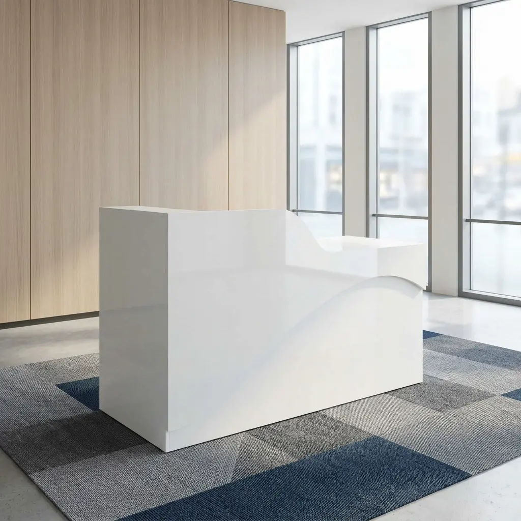 Modern 1.8m white reception desk with curved privacy counter panel and minimalist wave geometric accent, styled on a grey rug for salon, spa, or clinic front desk reception areas.