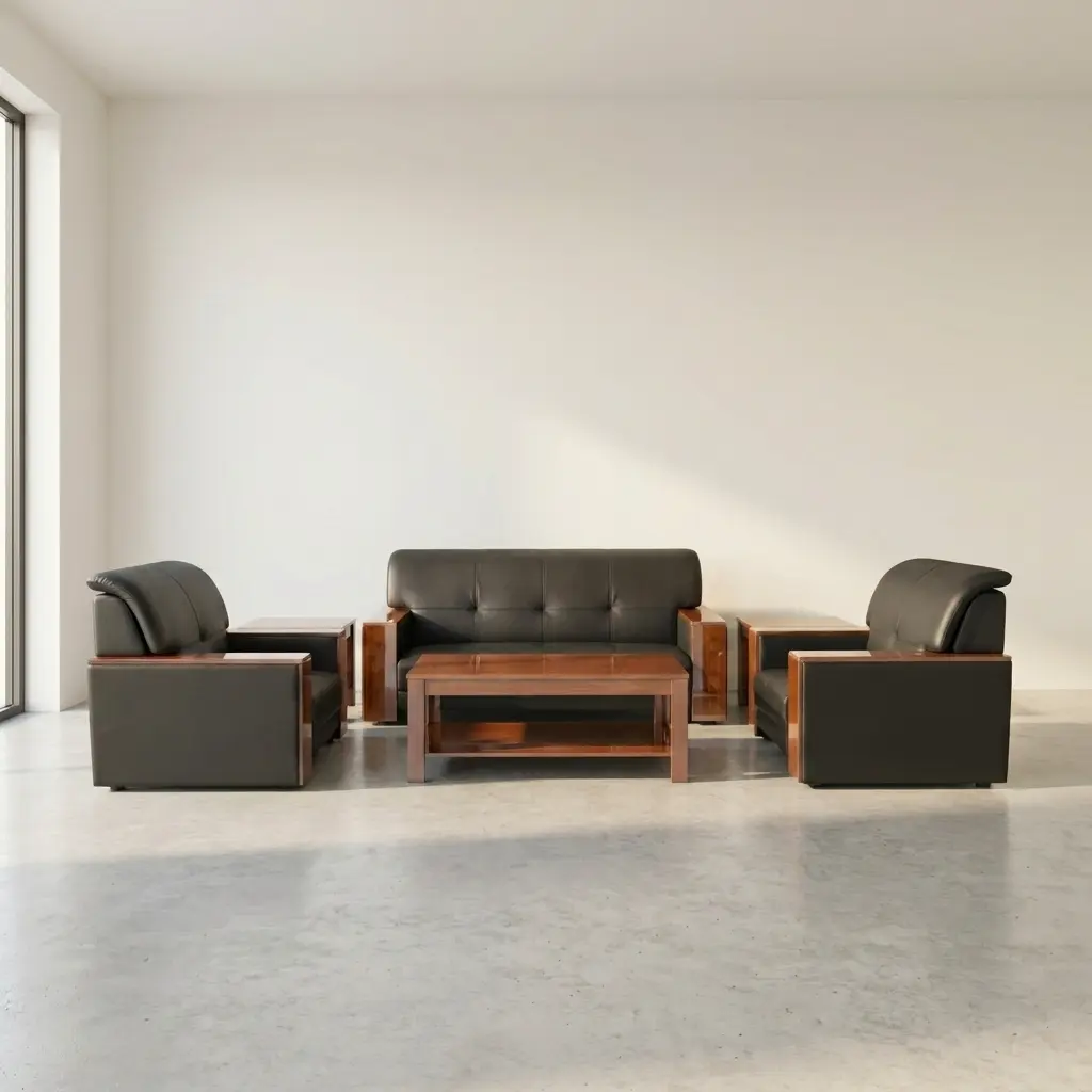 Luxury 5-seater executive office sofa set in black leather with polished wooden trim, including a 3-seater couch, two matching armchairs, and a wooden coffee table in a modern reception room.