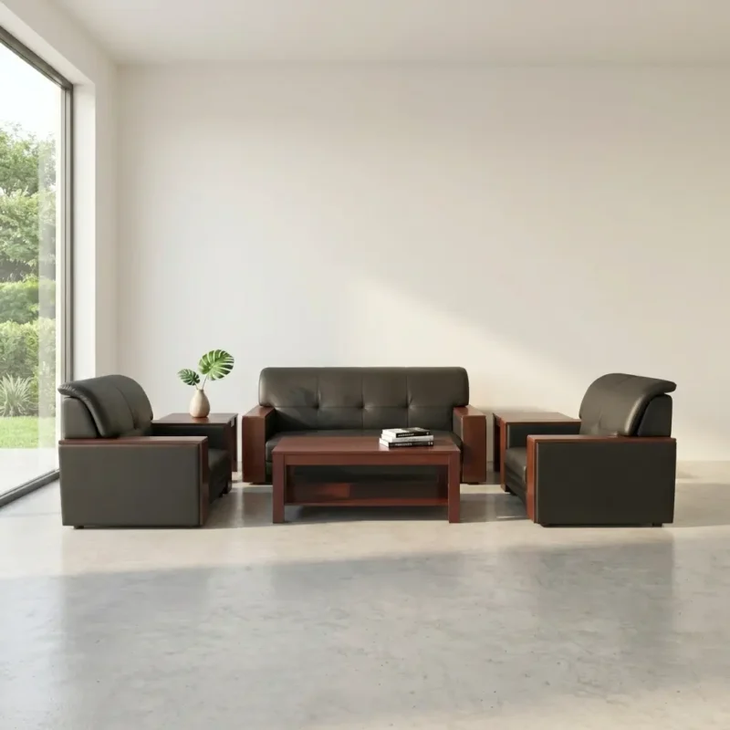 Luxury 5-seater executive office sofa set in black leather with polished wooden trim, including a 3-seater couch, two matching armchairs, and a wooden coffee table in a modern reception room.