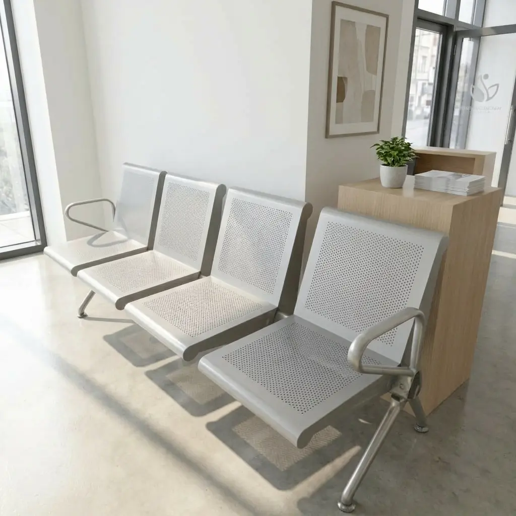 Heavy-duty 4-seater silver steel waiting room bench with perforated metal backrests, integrated armrests, and chrome legs on a textured rug in a public reception area.