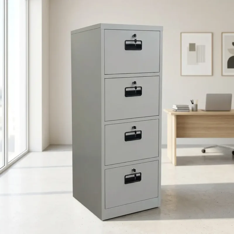 4-drawer light grey metal vertical filing cabinet with secure key locks and black handles, styled in a modern corporate or home office setting with a desk in the background.