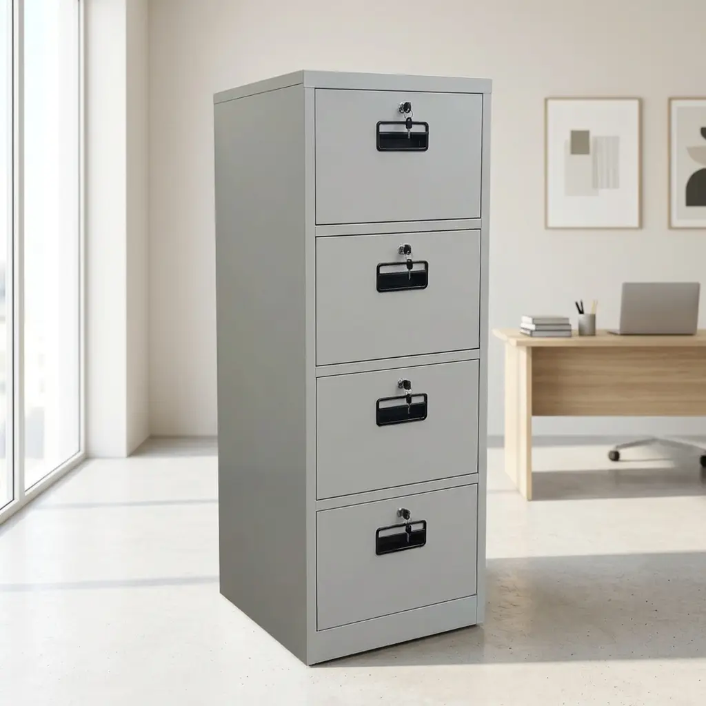 4-drawer light grey metal vertical filing cabinet with secure key locks and black handles, styled in a modern corporate or home office setting with a desk in the background.