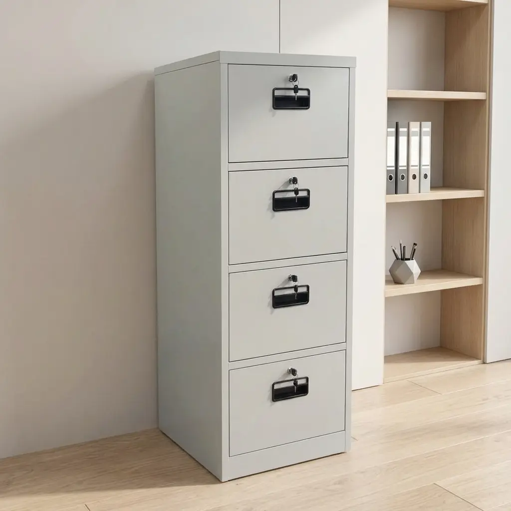 4-drawer light grey metal vertical filing cabinet with secure key locks and black handles, styled in a modern corporate or home office setting with a desk in the background.