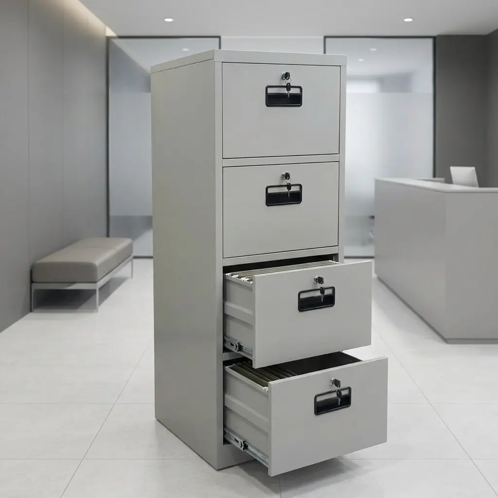 4-drawer light grey metal vertical filing cabinet with secure key locks and black handles, styled in a modern corporate or home office setting with a desk in the background.