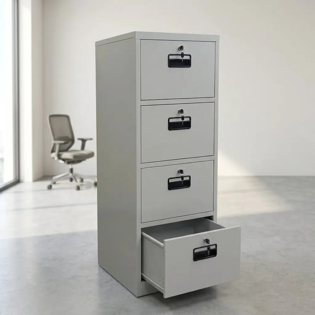 4-drawer light grey metal vertical filing cabinet with secure key locks and black handles, styled in a modern corporate or home office setting with a desk in the background.