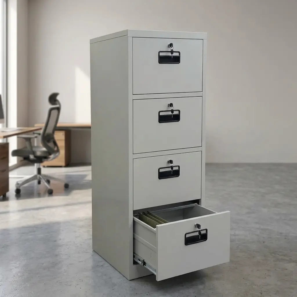 4-drawer light grey metal vertical filing cabinet with secure key locks and black handles, styled in a modern corporate or home office setting with a desk in the background.