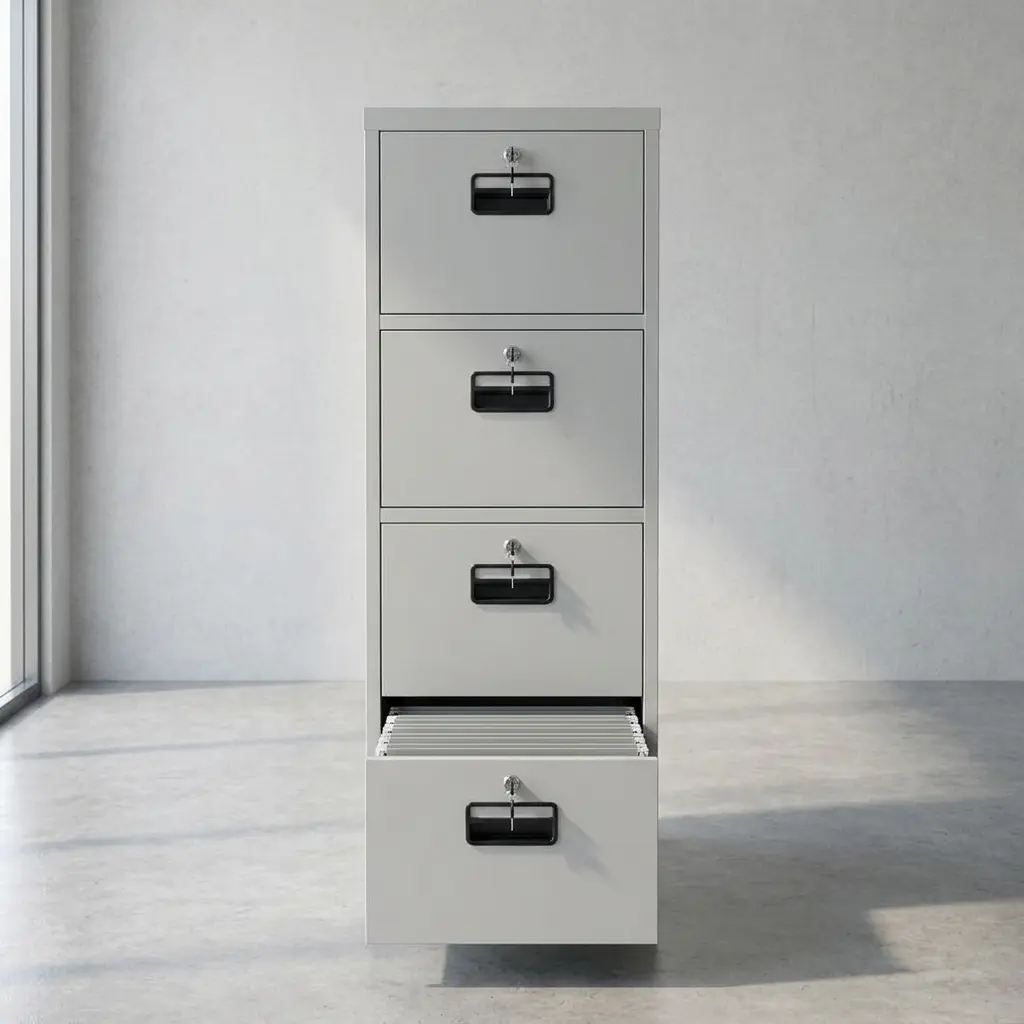4-drawer light grey metal vertical filing cabinet with secure key locks and black handles, styled in a modern corporate or home office setting with a desk in the background.