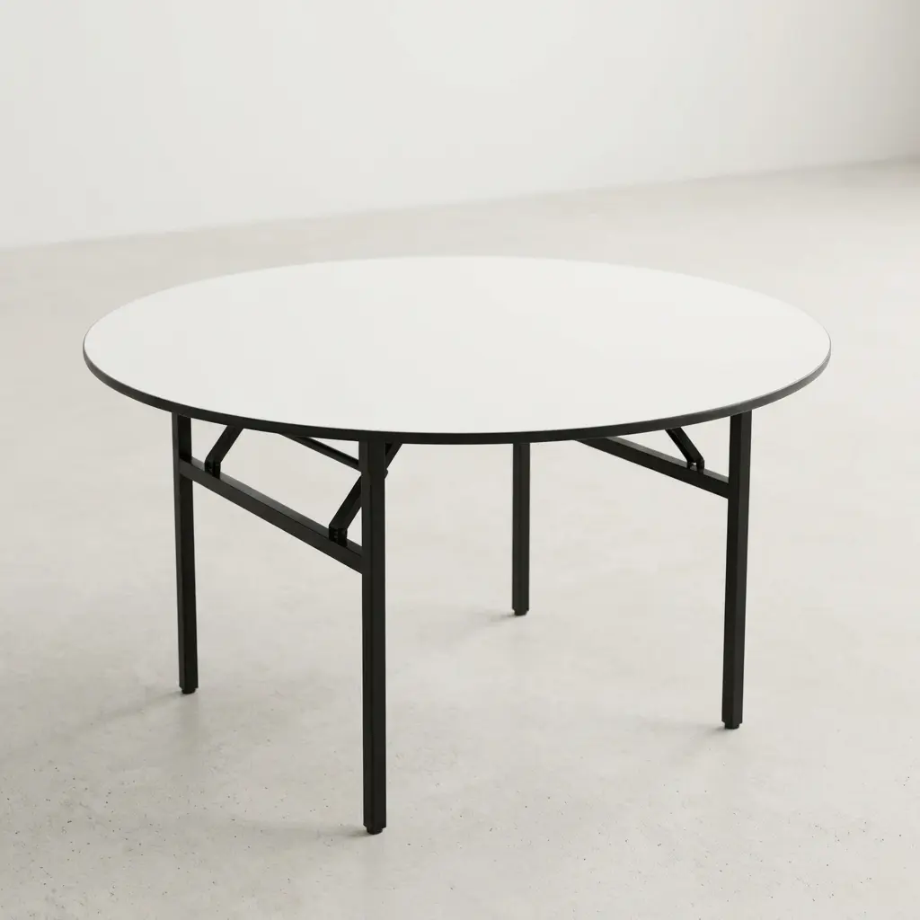 1.5m round conference table with a white laminate top, black protective edge banding, and heavy-duty folding metal legs for flexible office meeting rooms.