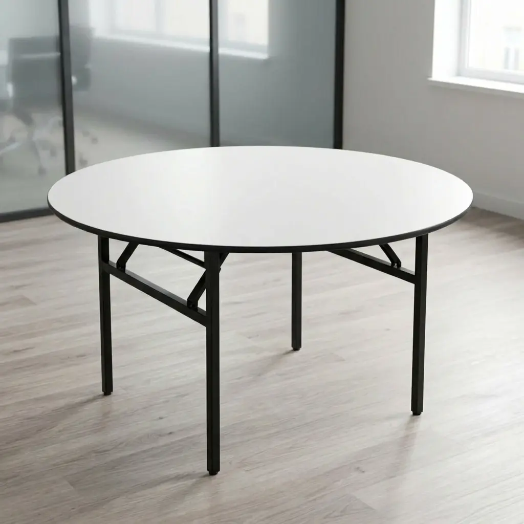 1.5m round conference table with a white laminate top, black protective edge banding, and heavy-duty folding metal legs for flexible office meeting rooms.
