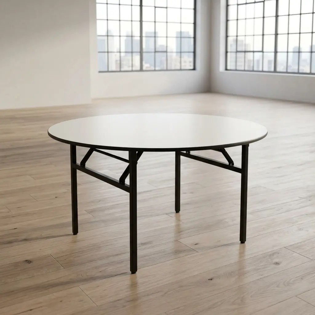 1.5m round conference table with a white laminate top, black protective edge banding, and heavy-duty folding metal legs for flexible office meeting rooms.