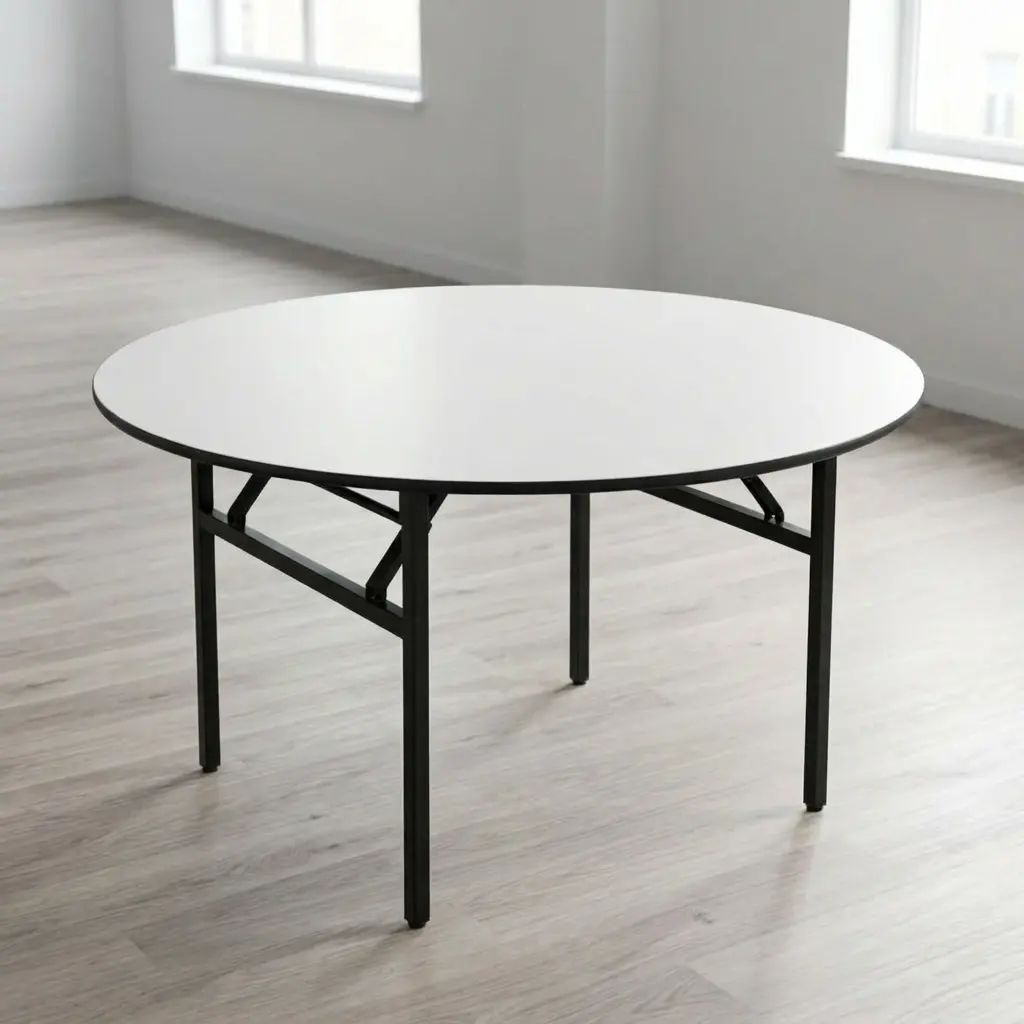 1.5m round conference table with a white laminate top, black protective edge banding, and heavy-duty folding metal legs for flexible office meeting rooms.