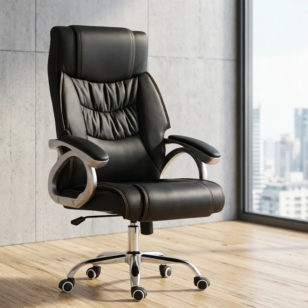 High-back executive office chair in black leather featuring a padded headrest, ergonomic tufted back support with contrast stitching, loop armrests, and a chrome swivel star base on wheels.