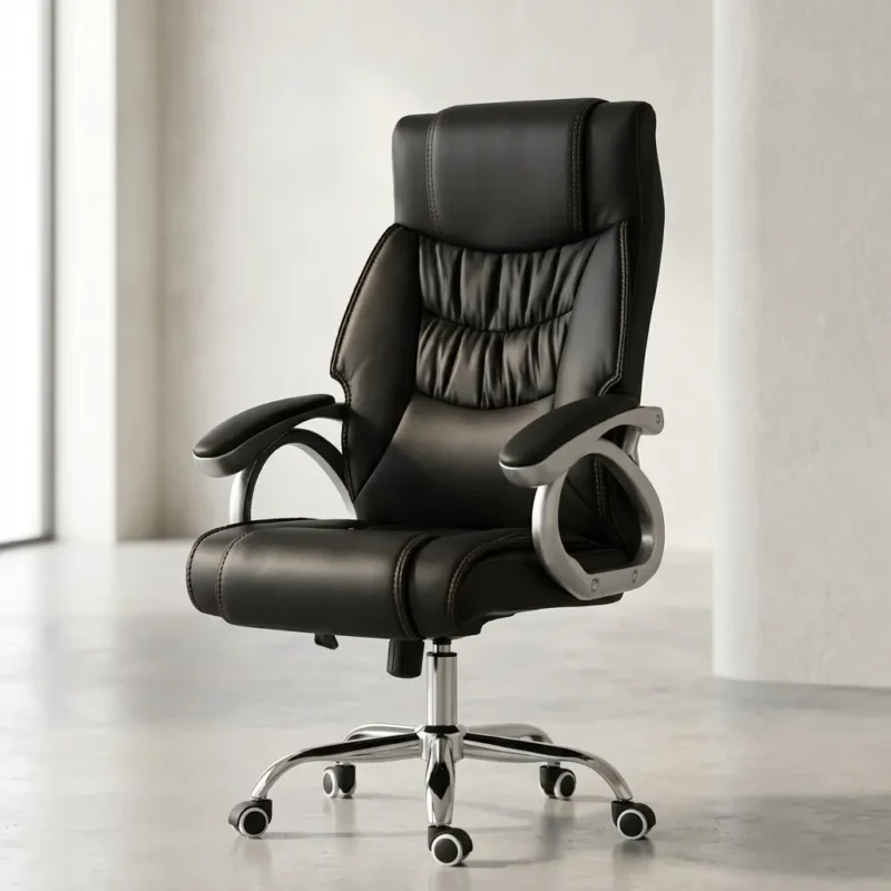 High-back executive office chair in black leather featuring a padded headrest, ergonomic tufted back support with contrast stitching, loop armrests, and a chrome swivel star base on wheels.