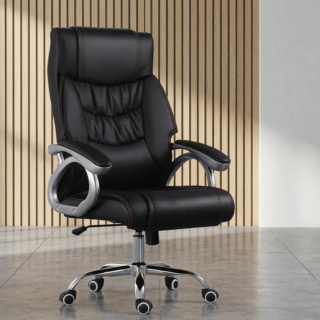 High-back executive office chair in black leather featuring a padded headrest, ergonomic tufted back support with contrast stitching, loop armrests, and a chrome swivel star base on wheels.