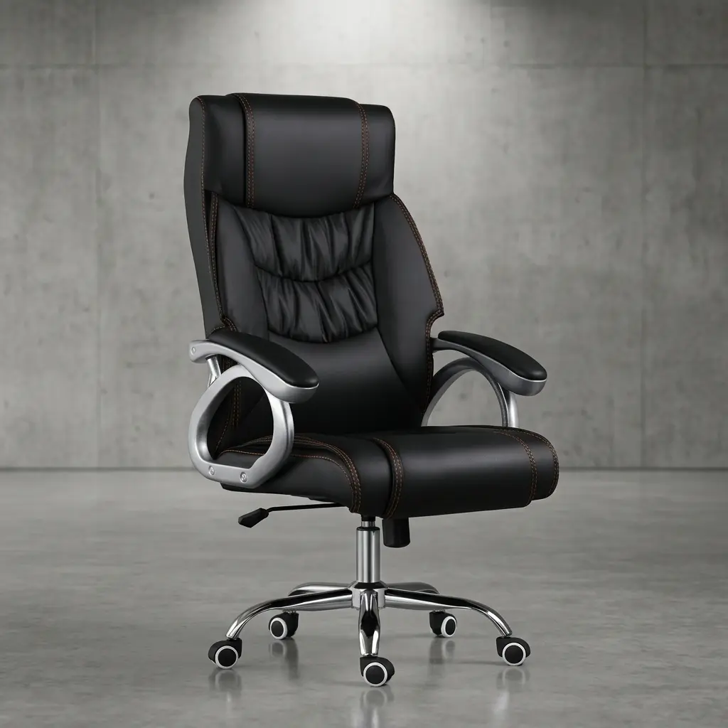 High-back executive office chair in black leather featuring a padded headrest, ergonomic tufted back support with contrast stitching, loop armrests, and a chrome swivel star base on wheels.