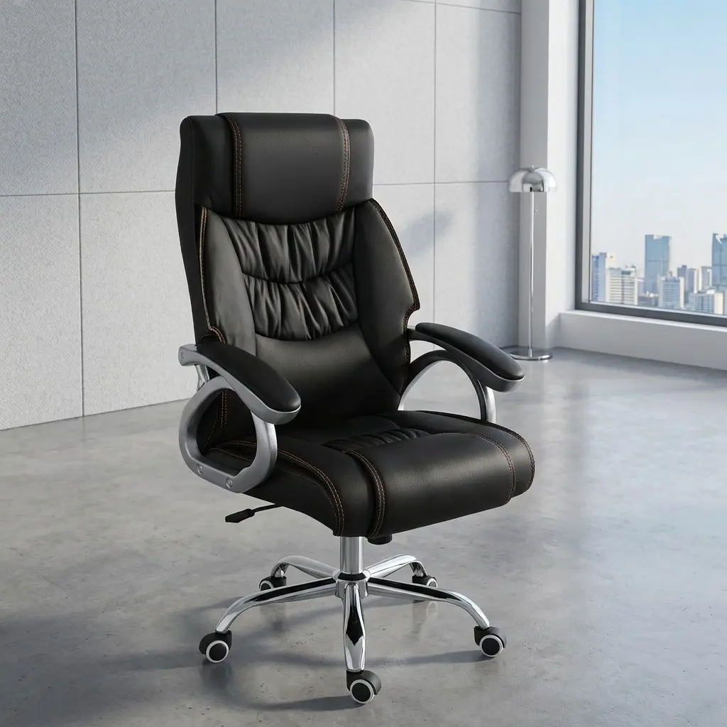 High-back executive office chair in black leather featuring a padded headrest, ergonomic tufted back support with contrast stitching, loop armrests, and a chrome swivel star base on wheels.