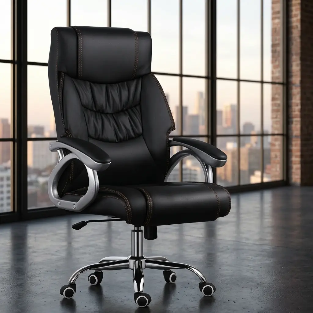 High-back executive office chair in black leather featuring a padded headrest, ergonomic tufted back support with contrast stitching, loop armrests, and a chrome swivel star base on wheels.