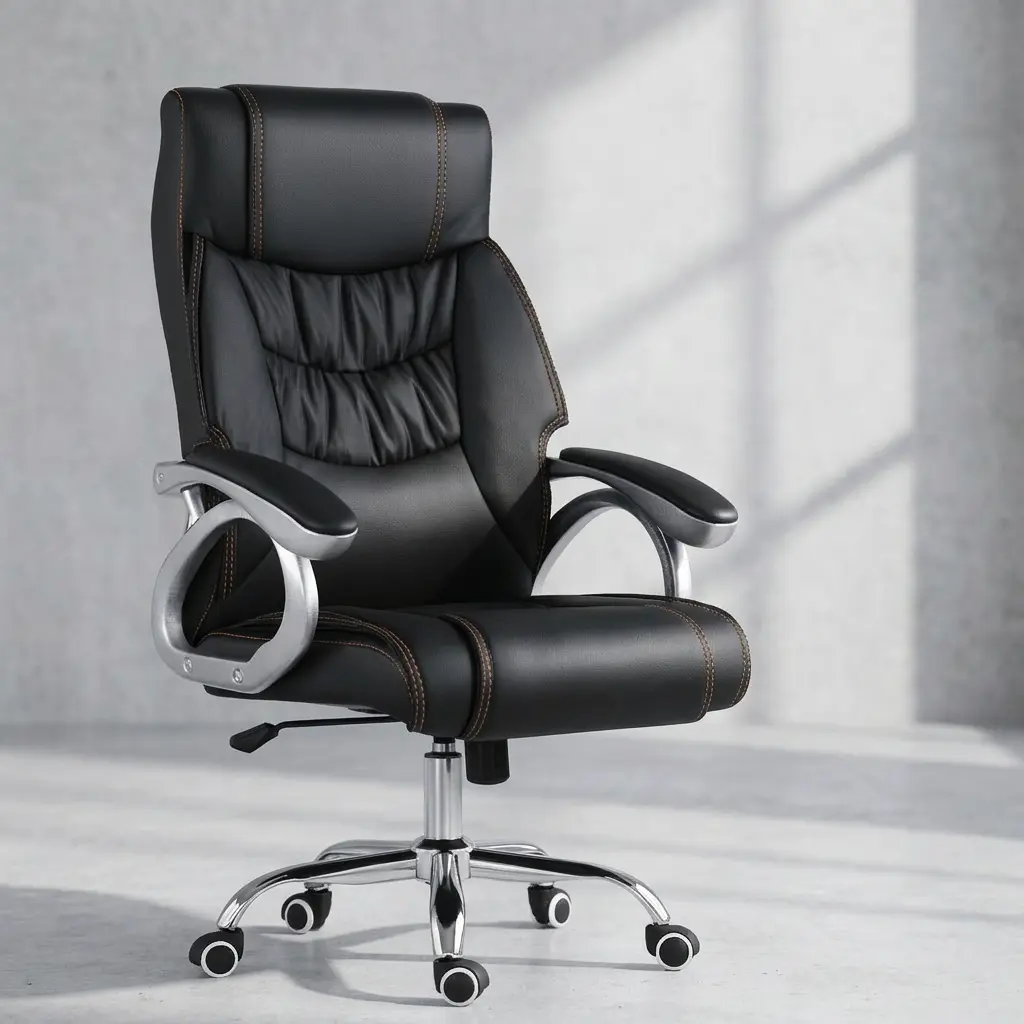 High-back executive office chair in black leather featuring a padded headrest, ergonomic tufted back support with contrast stitching, loop armrests, and a chrome swivel star base on wheels.