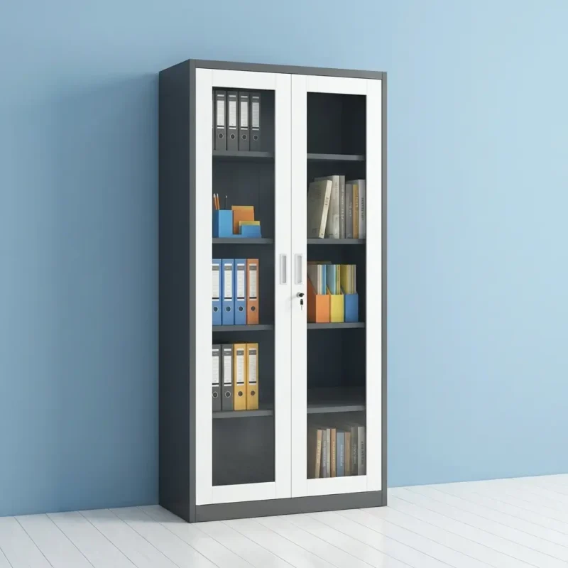 Full glass steel file cabinet featuring a dark grey frame, dual white-bordered swing doors with tempered glass panels, internal storage shelving, and a central key lock.
