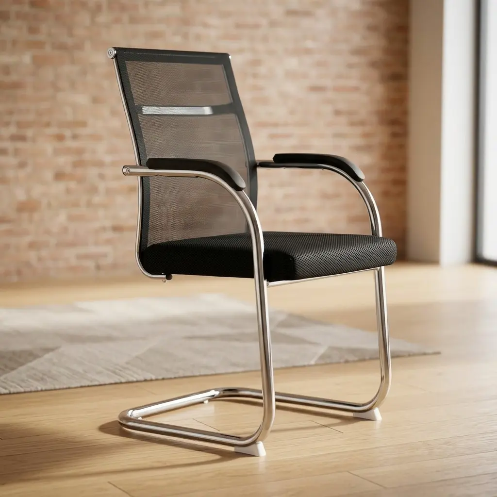 Modern mesh office waiting chair featuring a breathable black mesh backrest, patterned fabric cushion seat, curved chrome armrests with black padding, and a chrome cantilever sled base.