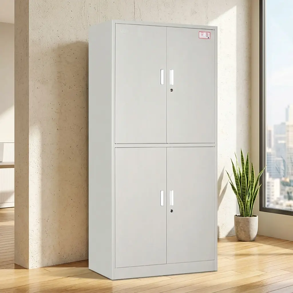 Four-door steel storage cabinet in a solid light grey finish, featuring upper and lower independent double-door compartments with matching vertical flush handles and secure key locks.