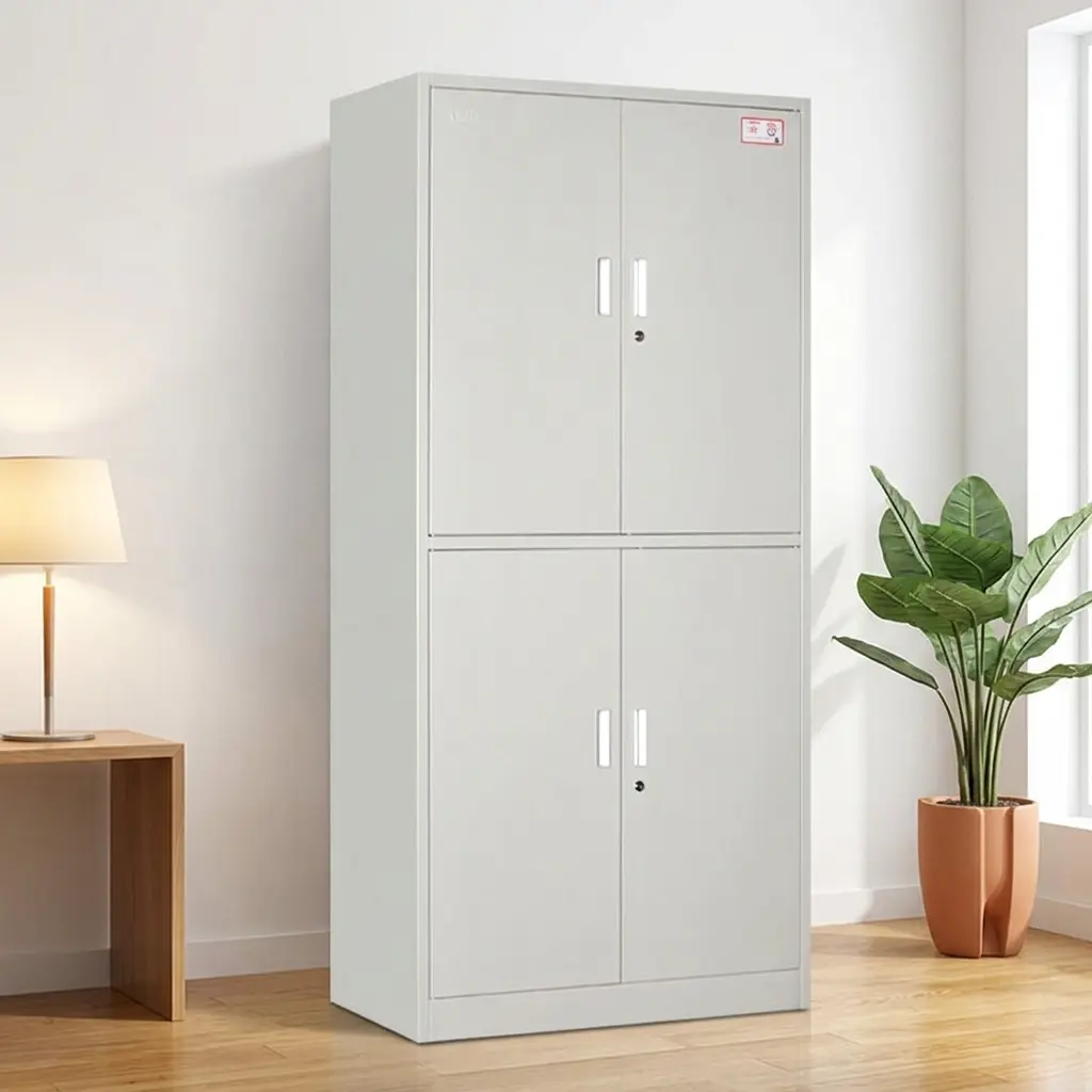 Four-door steel storage cabinet in a solid light grey finish, featuring upper and lower independent double-door compartments with matching vertical flush handles and secure key locks.