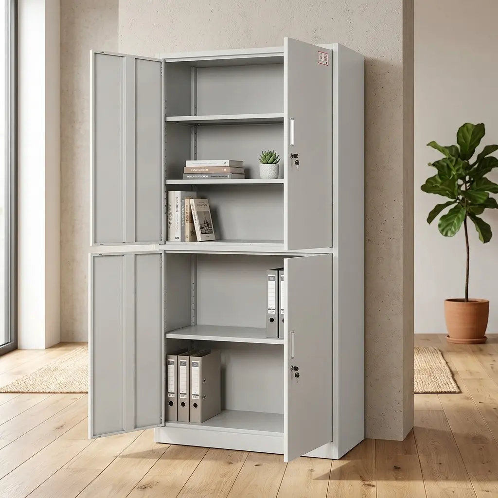 4-door office filing cabinet in a durable light grey steel finish, featuring split upper and lower double-door storage compartments with vertical handles and independent key locks.