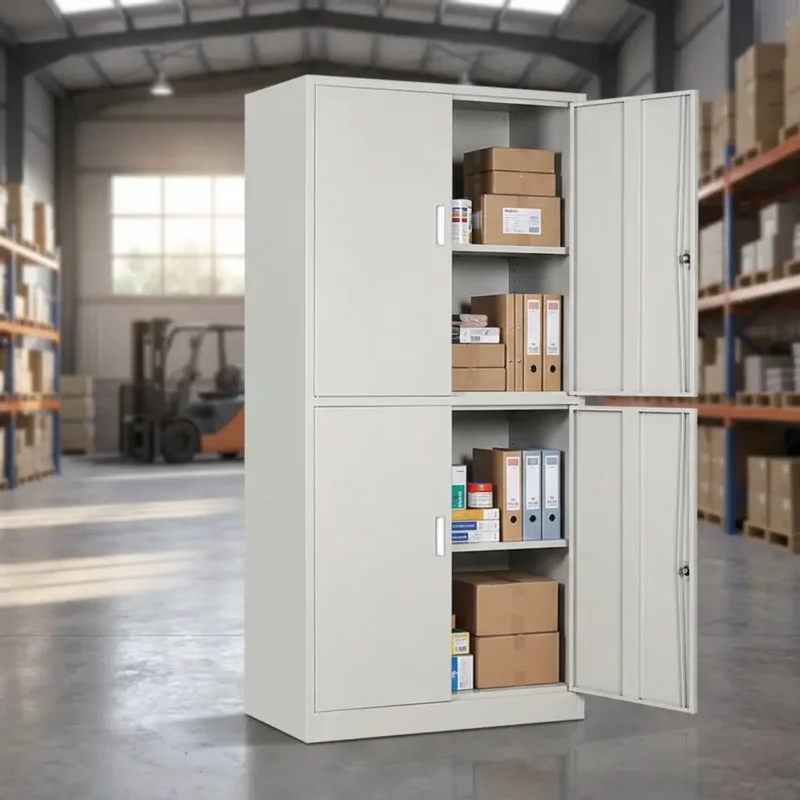 4-door office filing cabinet in a durable light grey steel finish, featuring split upper and lower double-door storage compartments with vertical handles and independent key locks.