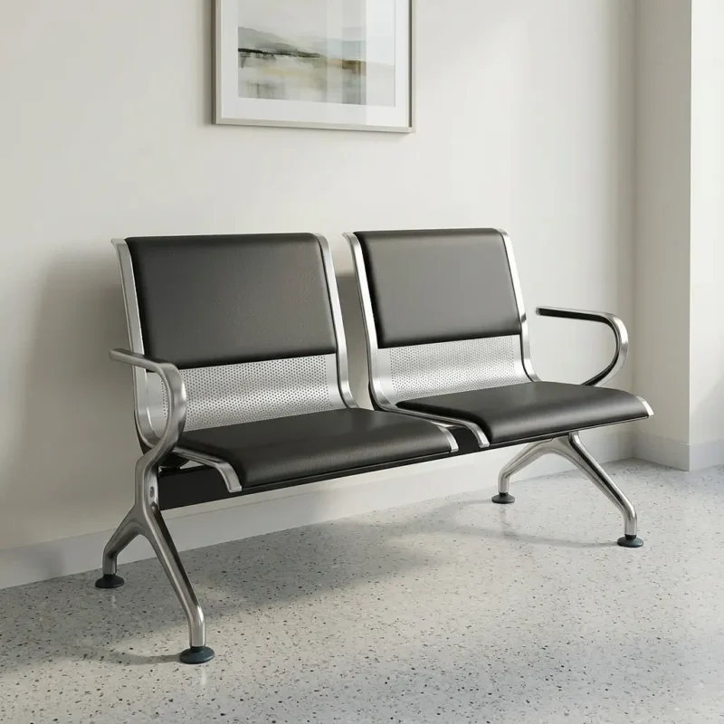 Modern 2-seater waiting room bench featuring black leather padded seats and backrests, integrated perforated steel lumbar accents, sleek chrome armrests, and a heavy-duty steel beam frame.