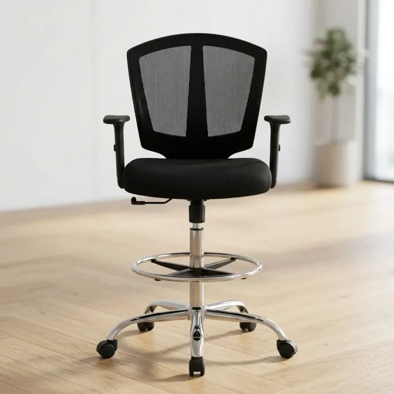 Mesh adjustable cashier chair featuring a contoured black mesh backrest, cushioned fabric seat, adjustable T-shaped armrests, a chrome circular foot ring, and a chrome swivel star base on wheels.