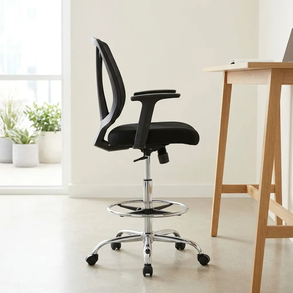 Mesh adjustable cashier chair featuring a contoured black mesh backrest, cushioned fabric seat, adjustable T-shaped armrests, a chrome circular foot ring, and a chrome swivel star base on wheels.