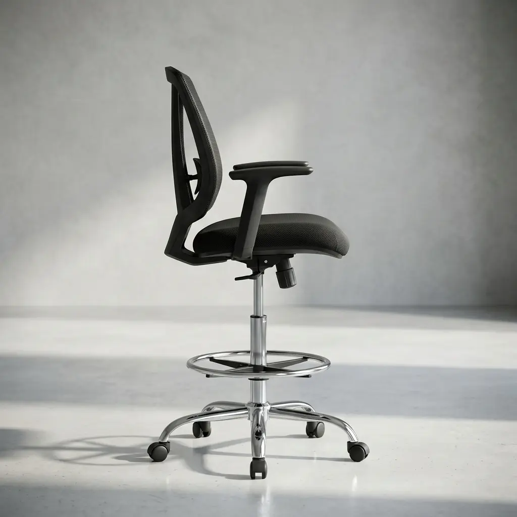 Mesh adjustable cashier chair featuring a contoured black mesh backrest, cushioned fabric seat, adjustable T-shaped armrests, a chrome circular foot ring, and a chrome swivel star base on wheels.