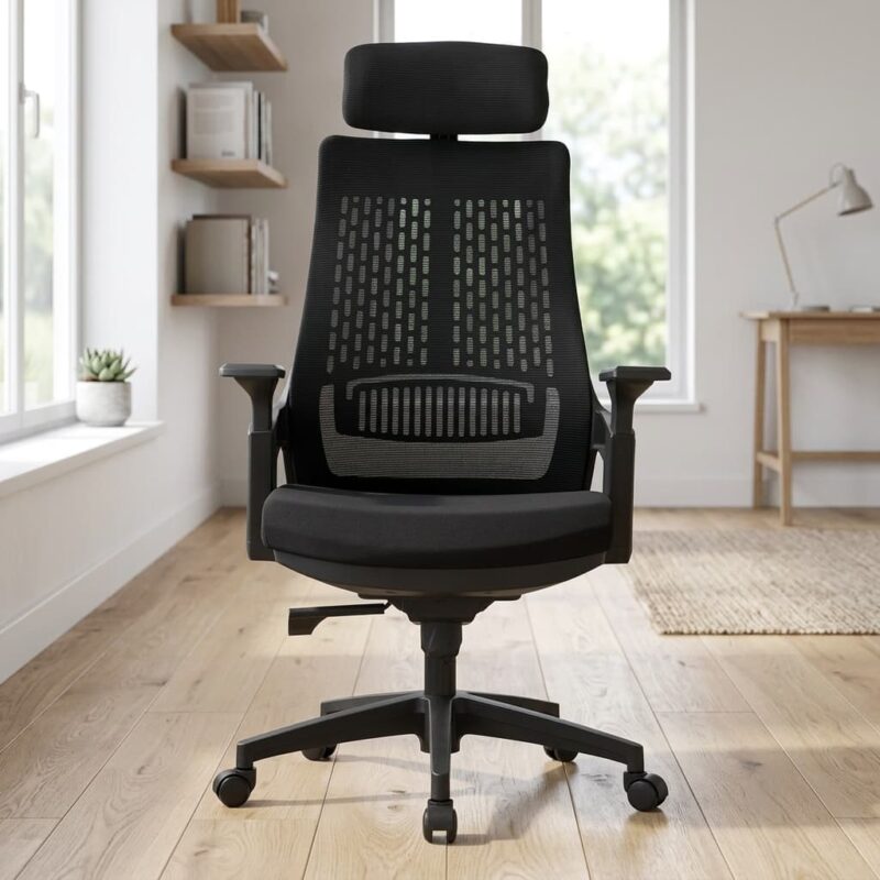 High-back ergonomic office chair featuring an adjustable headrest, a black mesh backrest with distinct vertical and horizontal lumbar support patterns, 3D adjustable armrests, a contoured fabric seat, and a black swivel star base on wheels.