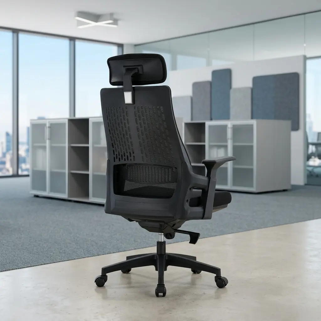 High-back ergonomic office chair featuring an adjustable headrest, a black mesh backrest with distinct vertical and horizontal lumbar support patterns, 3D adjustable armrests, a contoured fabric seat, and a black swivel star base on wheels.