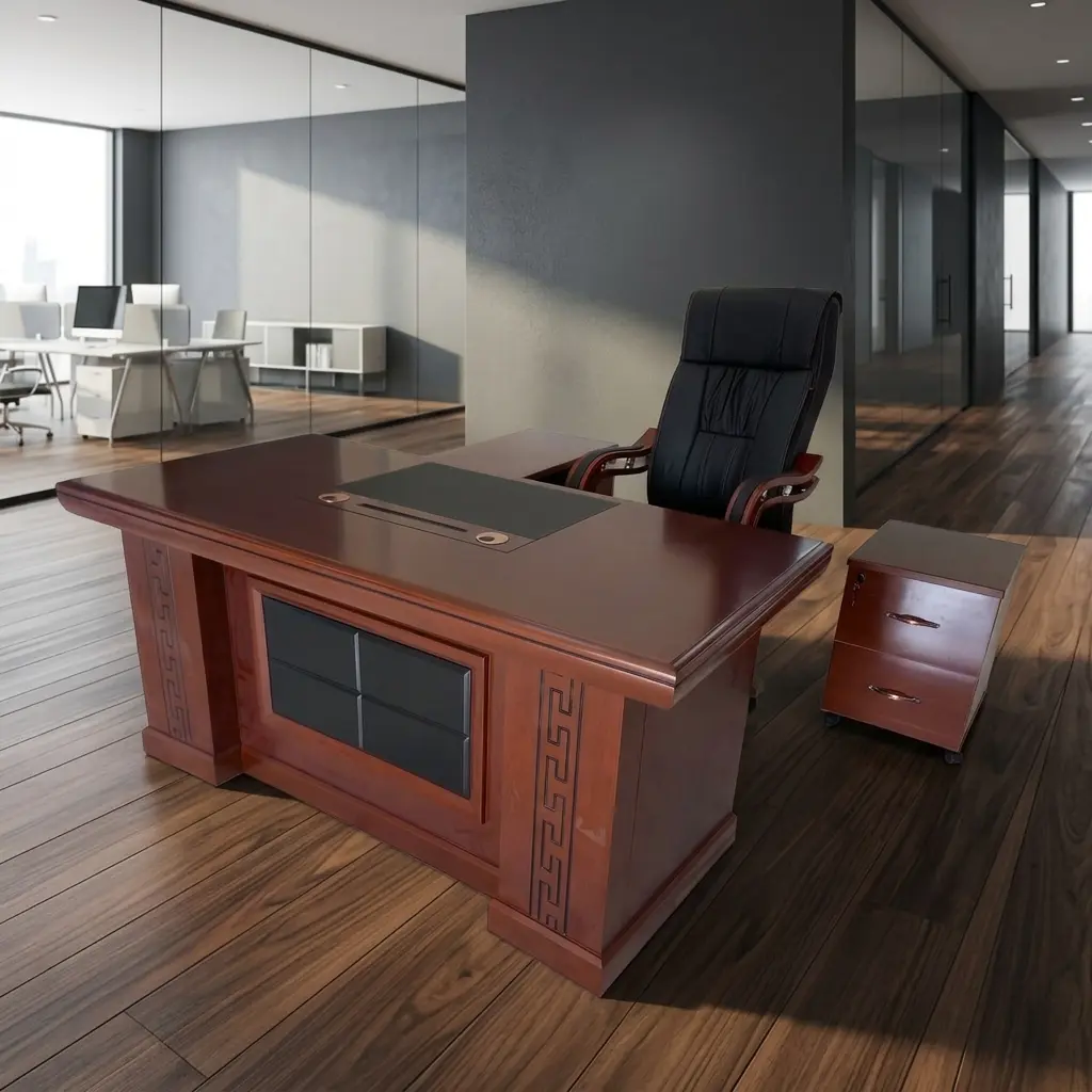 L-shaped 1400mm executive office desk in a rich cherry wood finish, featuring classic carved side pillars, an embedded black leather desktop writing pad, an integrated side storage credenza extension, and a high-back black leather managerial chair.