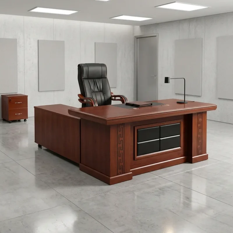 L-shaped 1400mm executive office desk in a rich cherry wood finish, featuring classic carved side pillars, an embedded black leather desktop writing pad, an integrated side storage credenza extension, and a high-back black leather managerial chair.