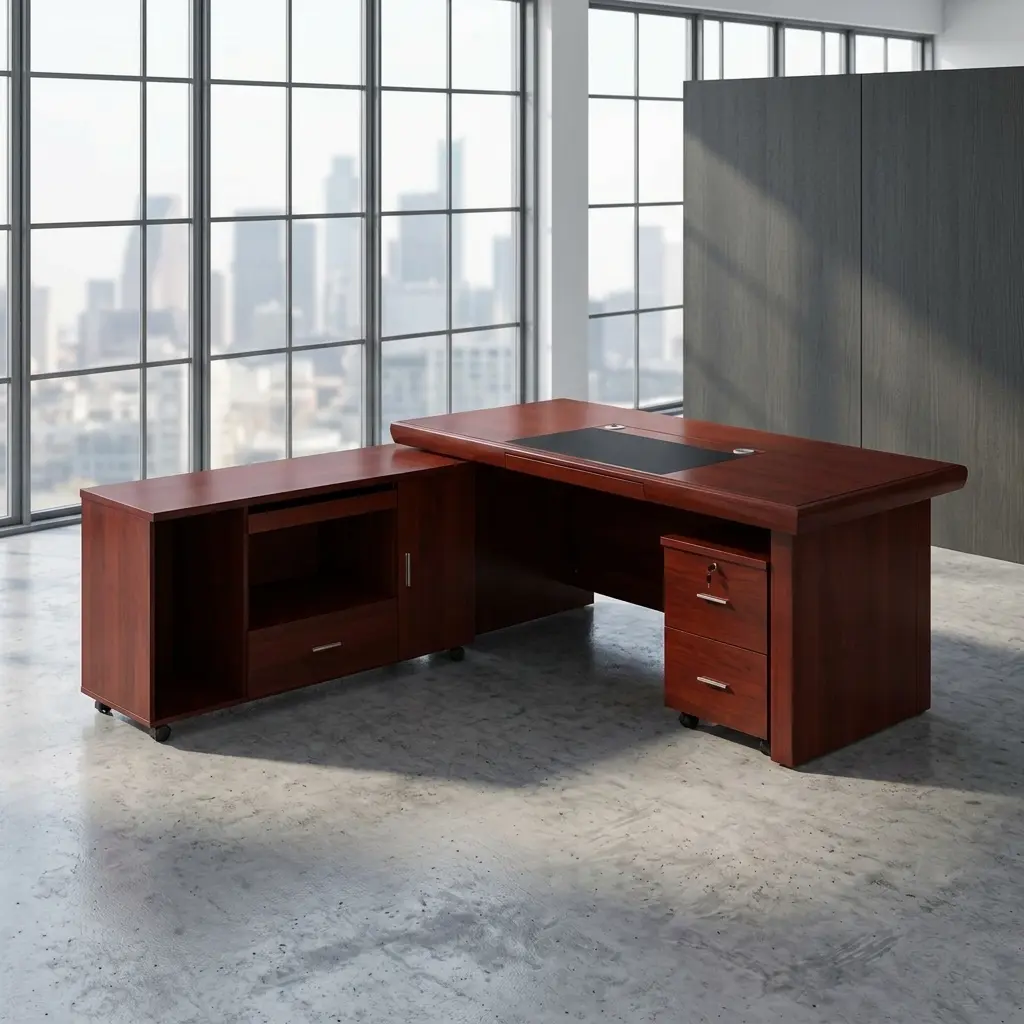 L-shaped 1400mm executive office desk in a rich cherry wood finish, featuring classic carved side pillars, an embedded black leather desktop writing pad, an integrated side storage credenza extension, and a high-back black leather managerial chair.