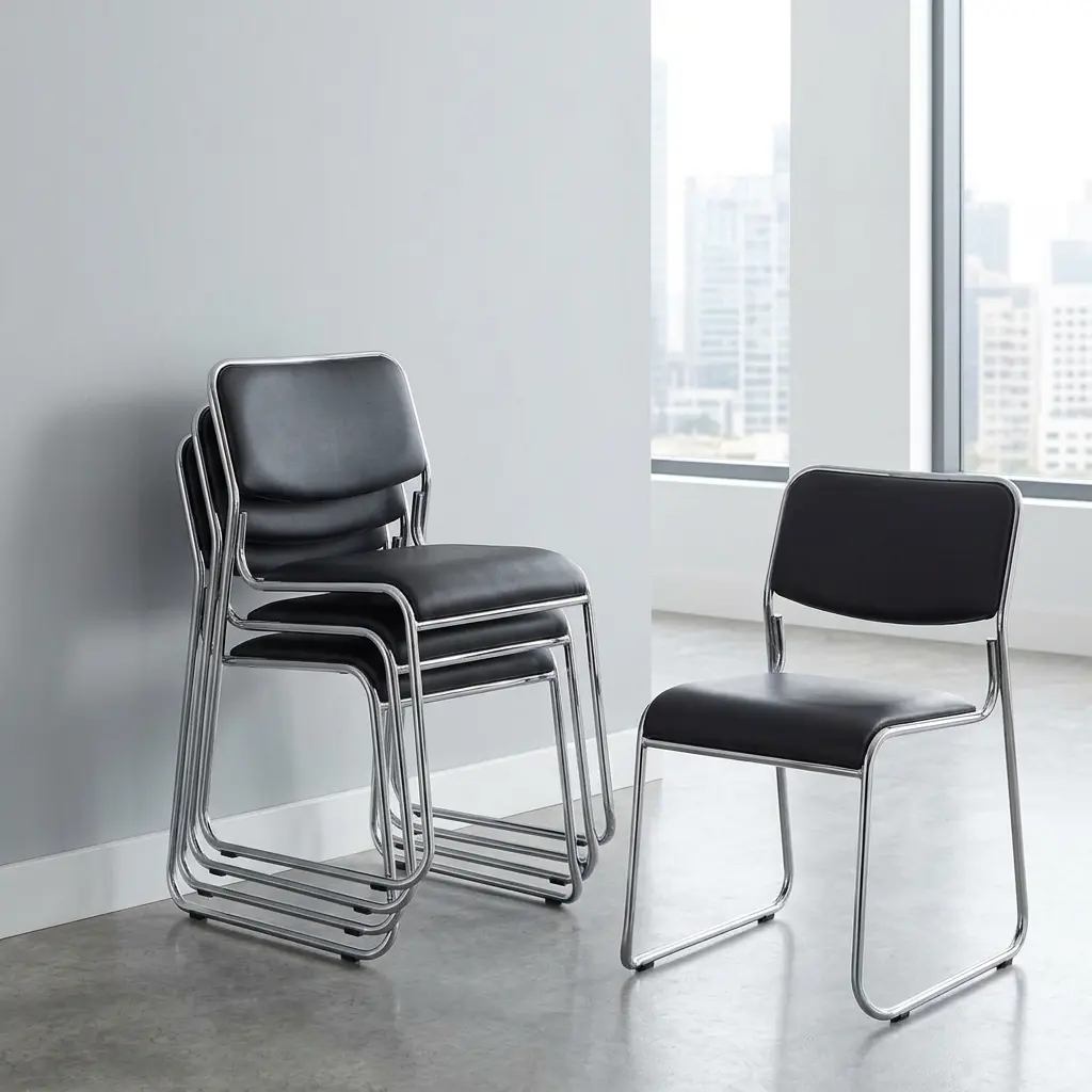 Stackable office waiting chairs featuring padded black leather seats and backrests, sleek chrome metal legs, and a space-saving nesting frame design shown both individual and stacked.