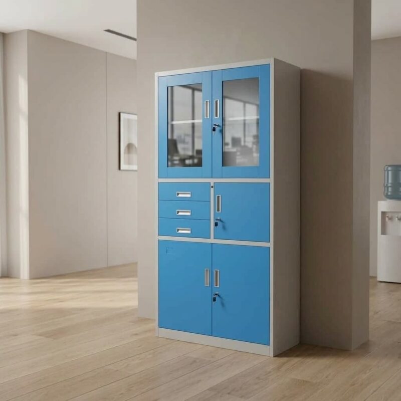 Blue office cabinet with safe featuring a light grey metal frame, upper double doors with glass viewing panels, three left-side storage drawers, an integrated locking security safe box, and a lower double-door cabinet compartment.
