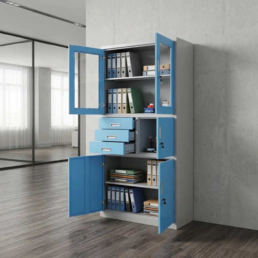 Blue office cabinet with safe featuring a light grey metal frame, upper double doors with glass viewing panels, three left-side storage drawers, an integrated locking security safe box, and a lower double-door cabinet compartment.