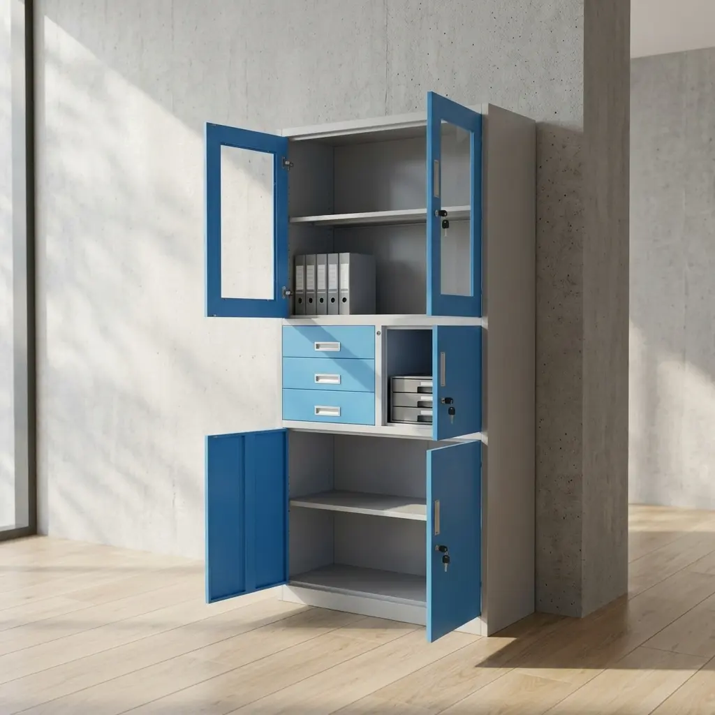 Blue office cabinet with safe featuring a light grey metal frame, upper double doors with glass viewing panels, three left-side storage drawers, an integrated locking security safe box, and a lower double-door cabinet compartment.