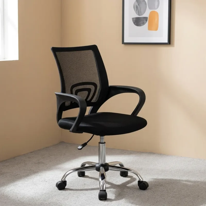 Ergonomic clerical office chair featuring a breathable black mesh backrest with an integrated lower lumbar support bracket, curved fixed armrests, a padded fabric swivel seat, and a chrome star base on wheels.
