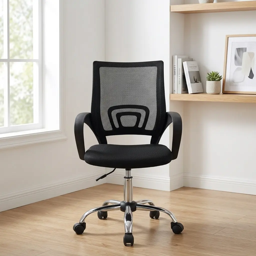 Ergonomic clerical office chair featuring a breathable black mesh backrest with an integrated lower lumbar support bracket, curved fixed armrests, a padded fabric swivel seat, and a chrome star base on wheels.