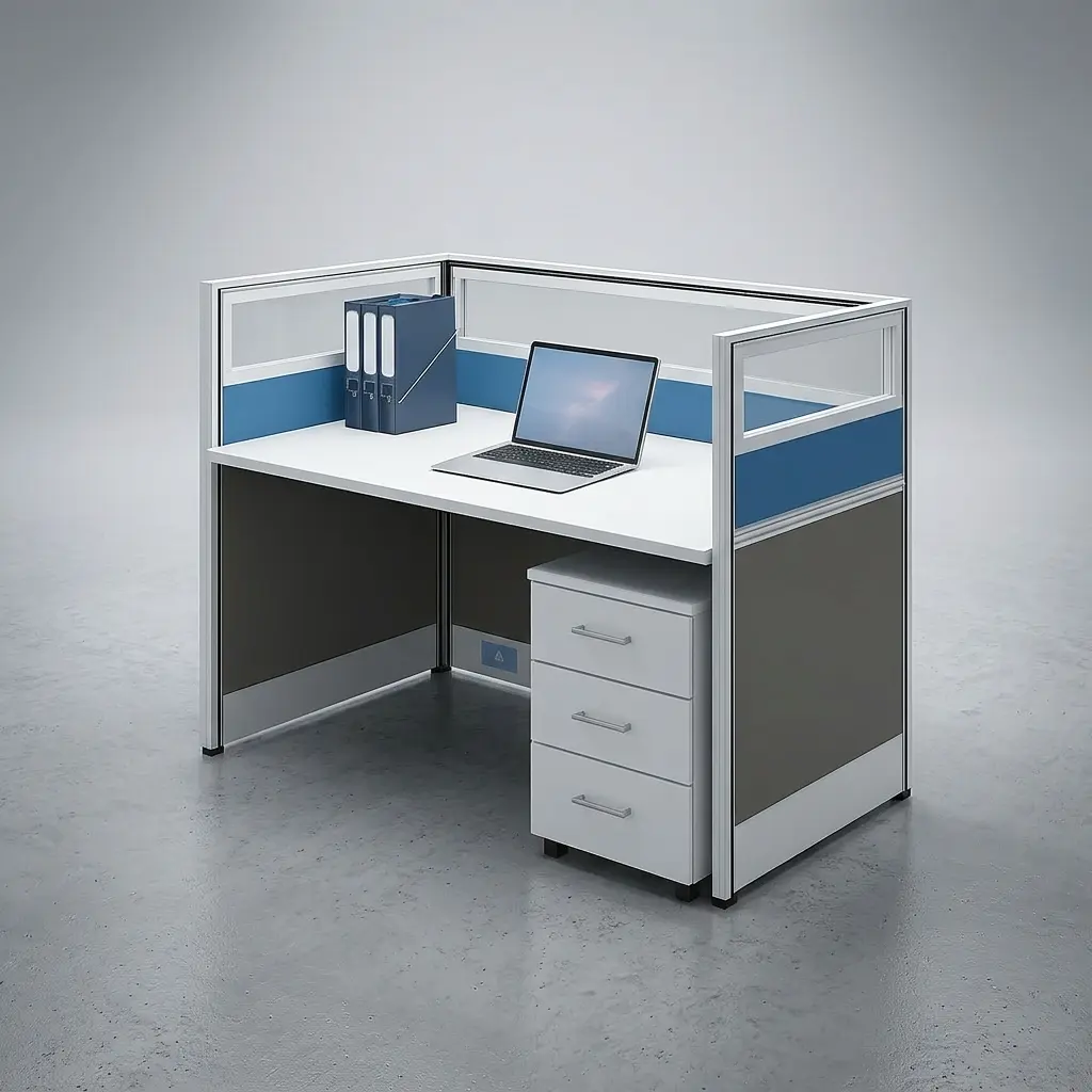 One-way office workstation featuring a white tabletop, integrated blue and frosted glass privacy screen dividers, dark grey side panels, and a matching mobile 3-drawer under-desk filing cabinet.