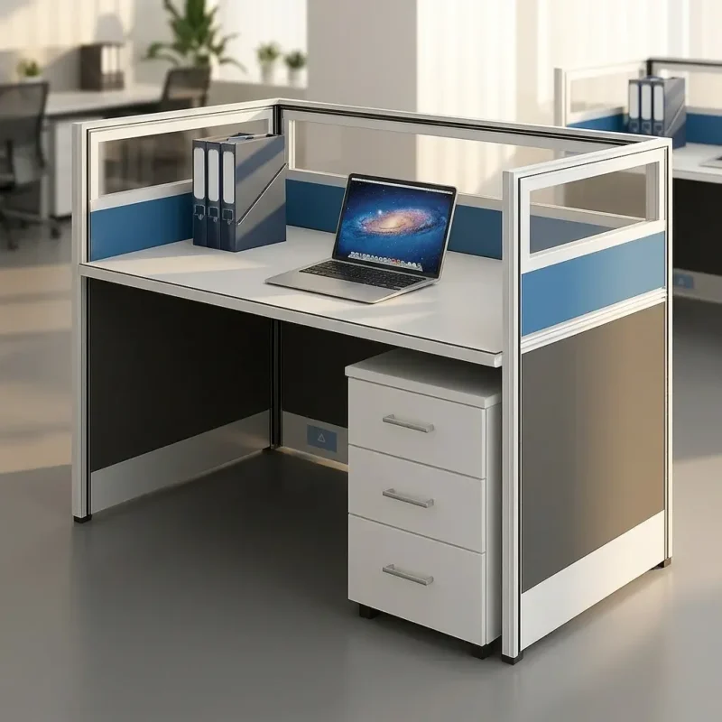 One-way office workstation featuring a white tabletop, integrated blue and frosted glass privacy screen dividers, dark grey side panels, and a matching mobile 3-drawer under-desk filing cabinet.