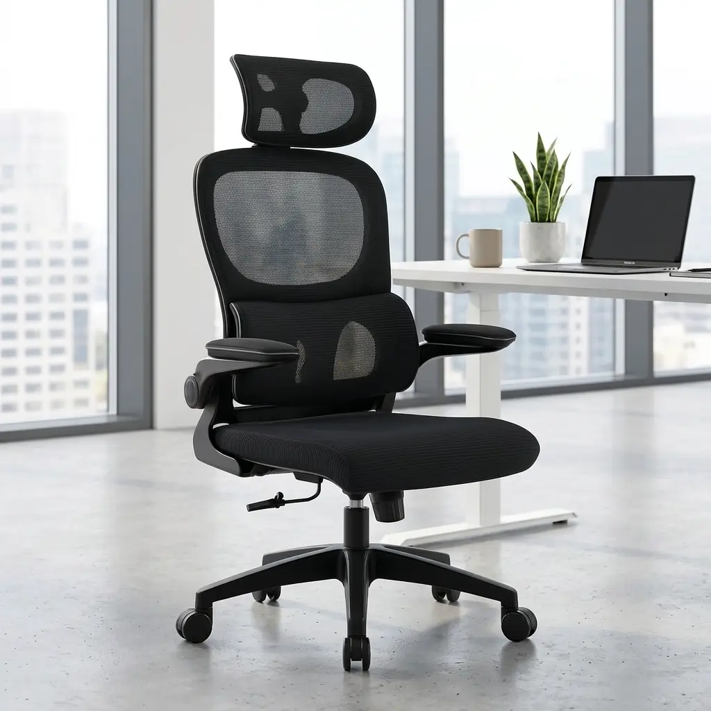 Mesh high-back ergonomic office chair featuring an adjustable curved mesh headrest, a contoured black mesh backrest with an integrated dynamic lumbar support cushion, pivoting armrests, and a black swivel star base on wheels.