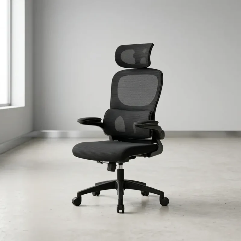 Mesh high-back ergonomic office chair featuring an adjustable curved mesh headrest, a contoured black mesh backrest with an integrated dynamic lumbar support cushion, pivoting armrests, and a black swivel star base on wheels.
